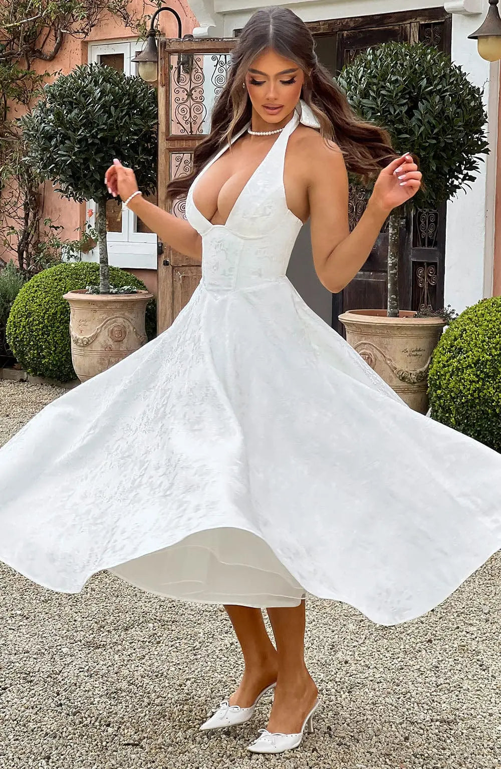 Ara™ Elegant Midi Dress with Halter Neckline